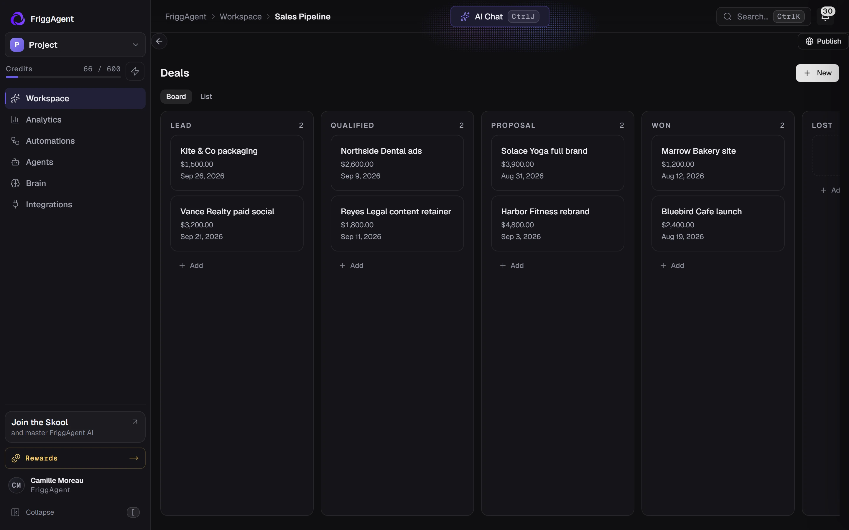 Studio Nord sample Sales Pipeline and AI Chat, showing deal records and recommended follow-ups.