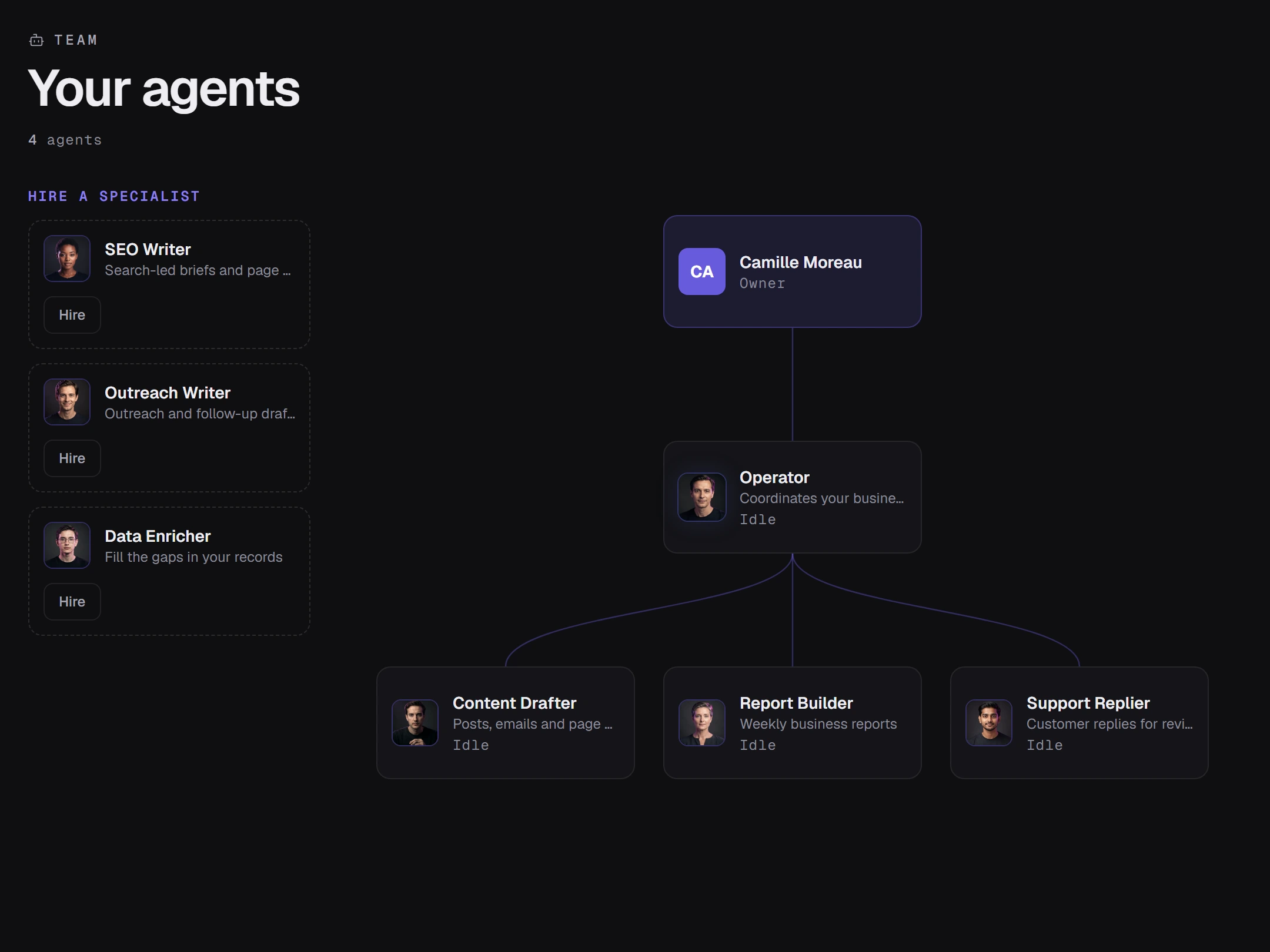 The Agents screen in the Studio Nord sample workspace, showing its team and available specialists.