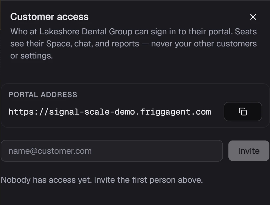 Customer access settings for the Lakeshore Dental Group sample workspace.