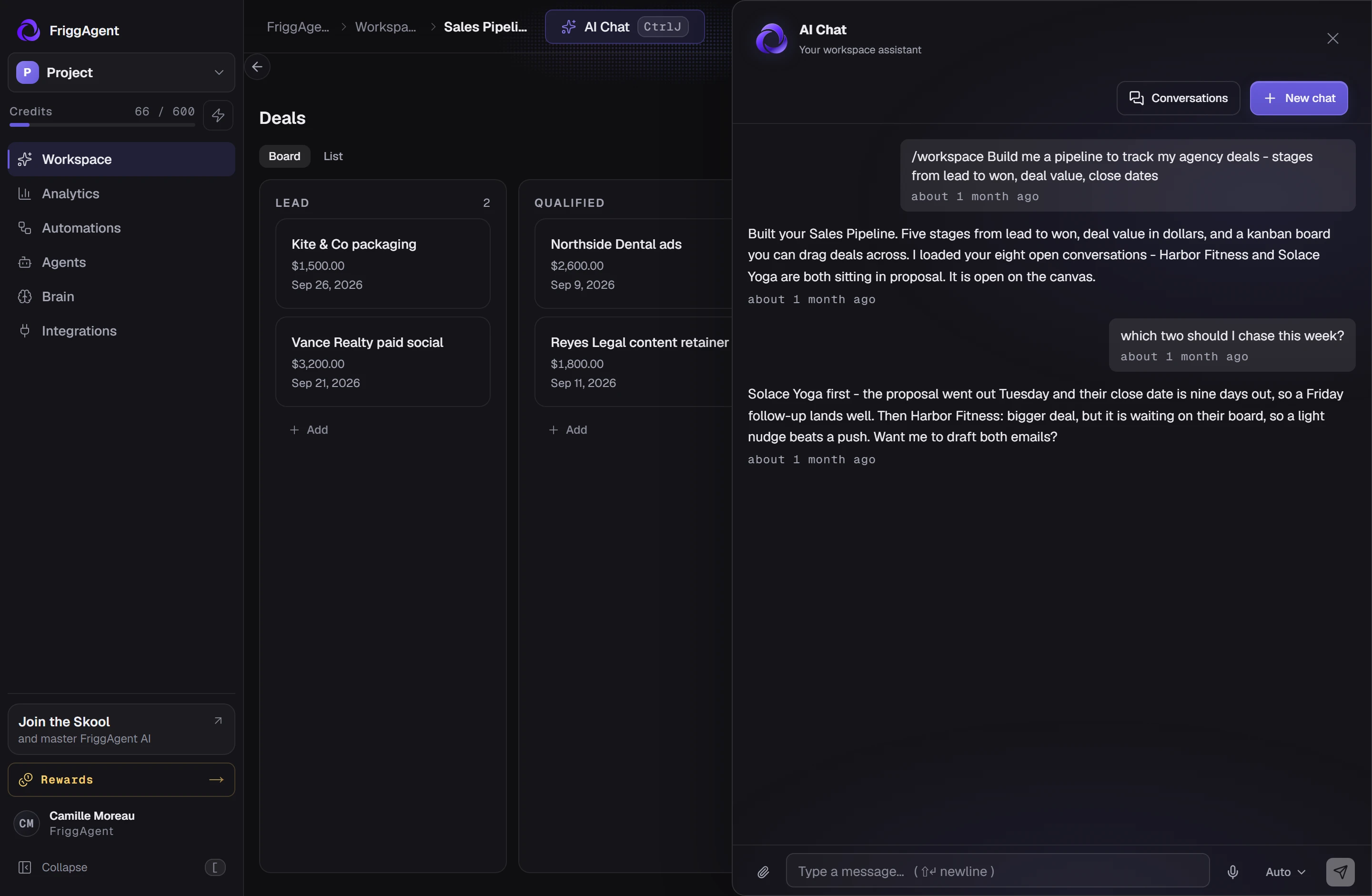 Studio Nord sample Sales Pipeline and AI Chat, showing deal records and recommended follow-ups.
